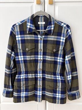Equipment Olive, Navy & White Plaid Button-Front Utility Shirt Jacket